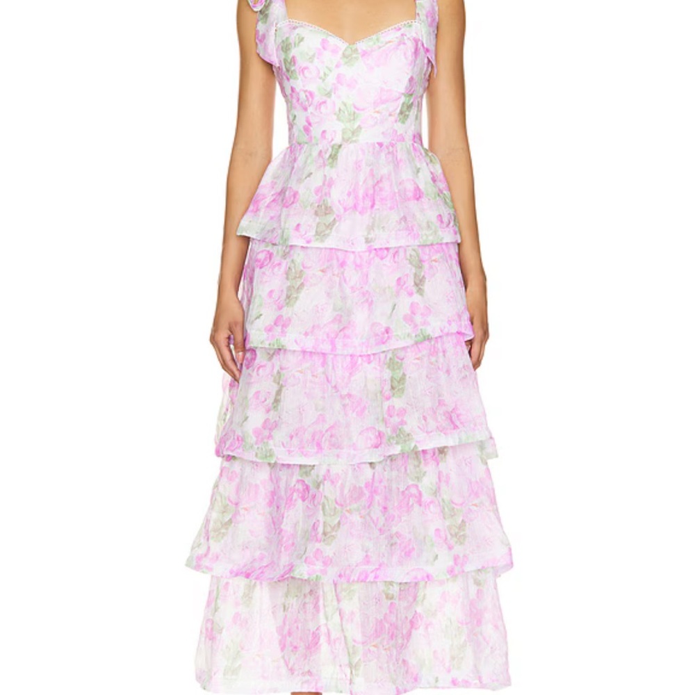 Astr Pink Ruffled Tiered Midi Dress (Zirconia dress in lavender floral)